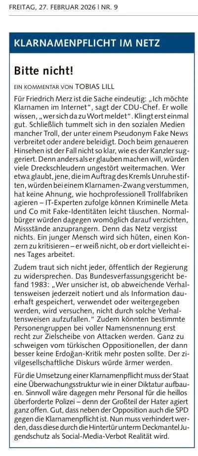 Kommentar von Tobias Lill: Klarnamenpflicht im Netz – Bitte nicht!