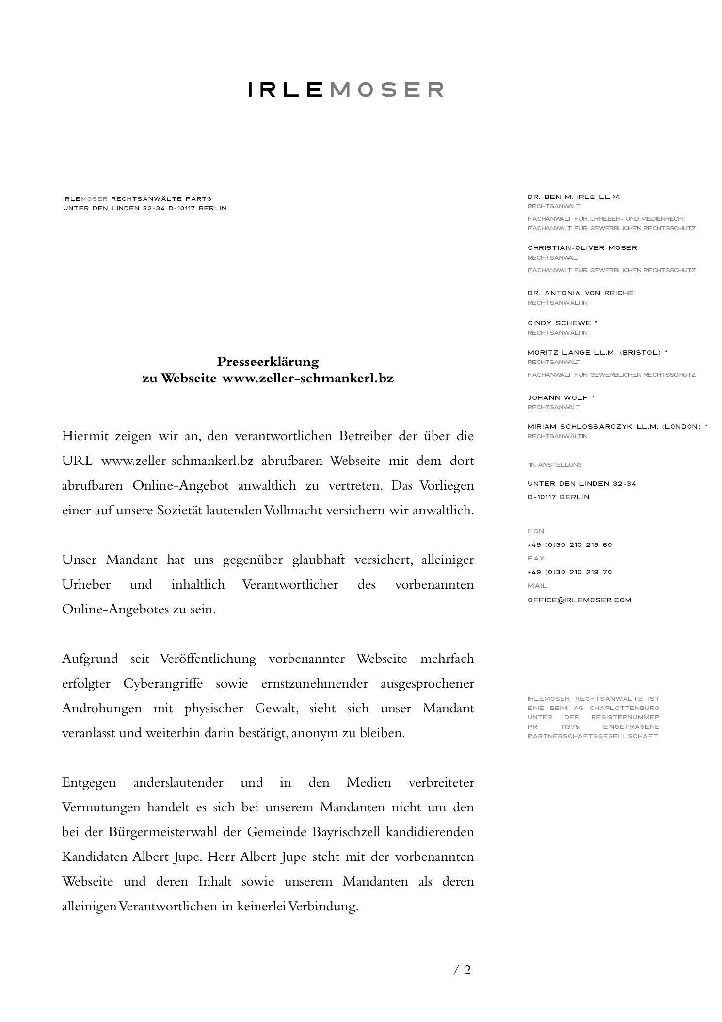 Presseerkl&auml;rung IRLE MOSER Rechtsanw&auml;lte, Seite 1: Anwaltliche Vertretung des Betreibers von zeller-schmankerl.bz
