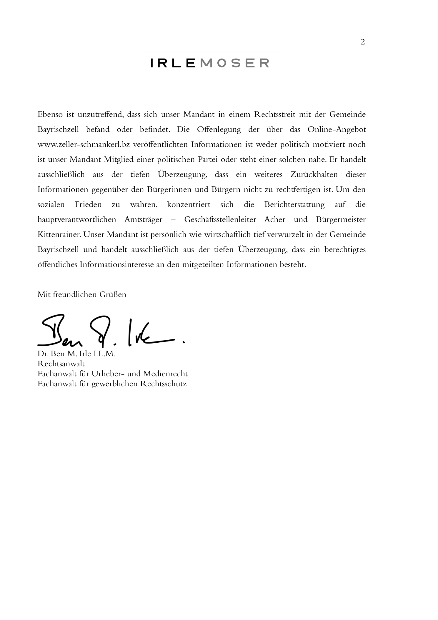 Presseerkl&auml;rung IRLE MOSER Rechtsanw&auml;lte, Seite 2: Klarstellung zu Albert Jup&eacute; und politischer Motivation