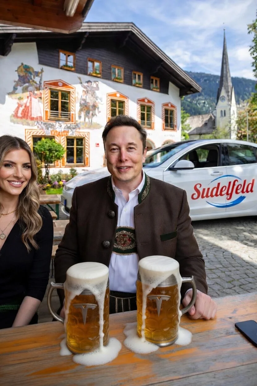 Satirische Fotomontage: Elon Musk in bayerischer Tracht am Sudelfeld mit zwei Ma&szlig; Bier